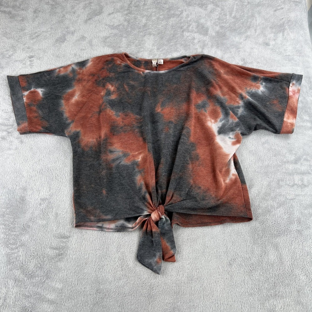 MISIA Tie Dye Front Tie Top Women's L Rust Charcoal Boho Festival Short Sleeve